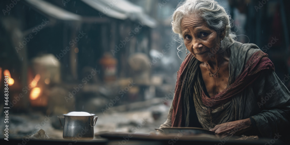 An old woman is seen sitting at a table with a pot. This image can be used to depict cooking, meal preparation, or the concept of home and comfort