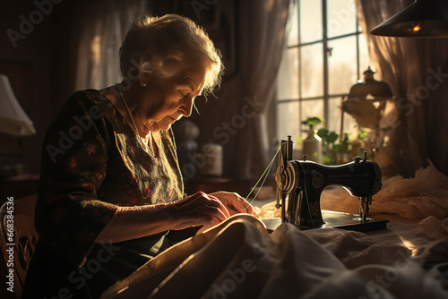 Old woman sewing on dusk