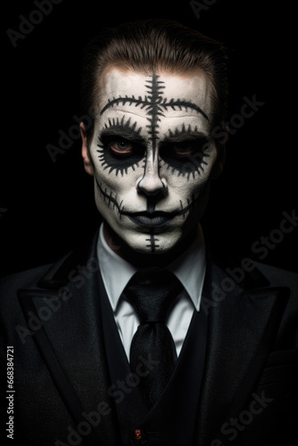 A man wearing a suit and tie with a skeleton face painted on his face. This image can be used for Halloween-themed events or parties