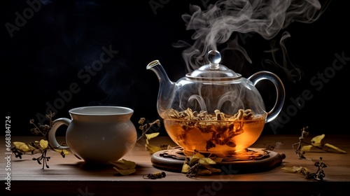 A teapot pouring fragrant tea into a cup, capturing the steam rising.