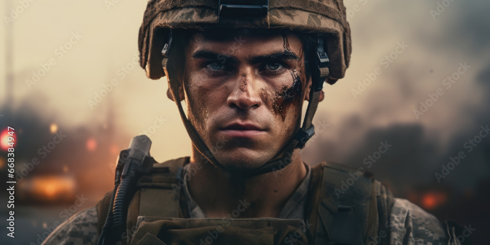A man wearing a military uniform and a protective helmet A man wearing a military uniform and a protective helmet
