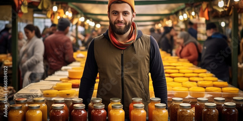 A man stands in front of a table filled with various jars of food. This image can be used to depict food preservation, homemade products, or a farmer's market display