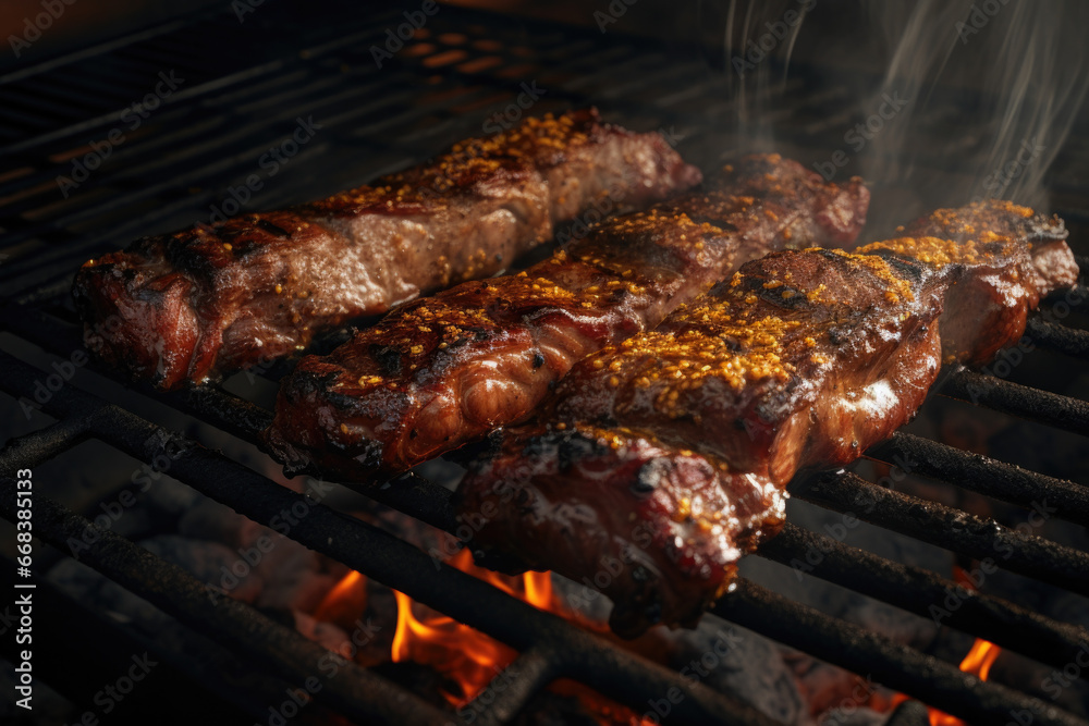 A picture of steaks cooking on a grill with flames in the background. Perfect for showcasing outdoor cooking or barbecue scenes
