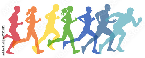 Colorful silhouettes of running people.Marathon concept.Side view.Vector illustration of running men and women.