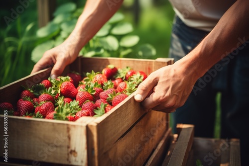 Close up shot of hand placing wooden box full of organic strawberries