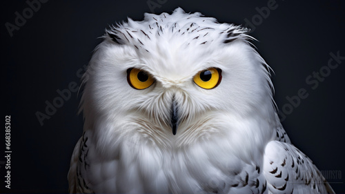 White Owl with yellow eyes on a dark background.