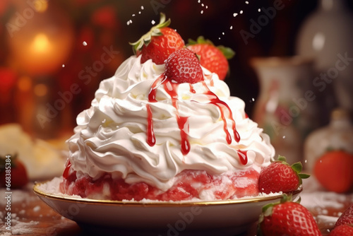 A delicious strawberry shortcake topped with fluffy whipped cream and fresh strawberries. Perfect for desserts or special occasions