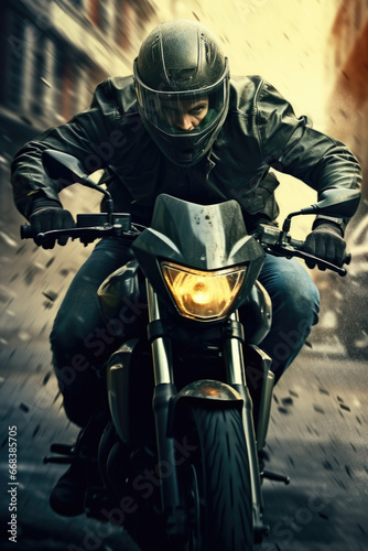 A man is riding a motorcycle on a busy city street. This image can be used to depict urban transportation, speed, freedom, or adventure © Fotograf
