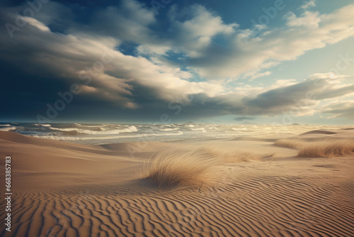 A serene image of a sandy beach with a few clouds in the sky. 