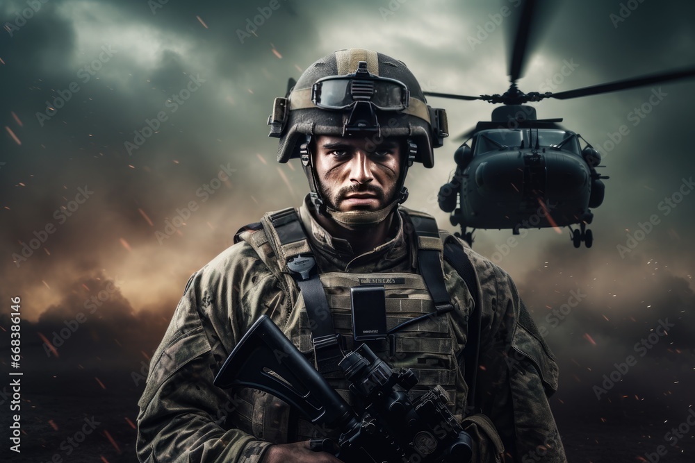 Portrait of a Modern Soldier during the military operation Portrait of a Modern Soldier during the military operation