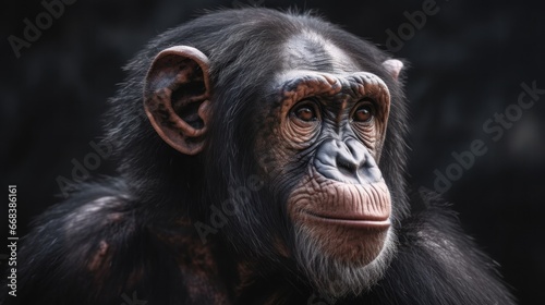 Portrait of a chimpanzee looking at the camera on a black background. Wildlife concept with a copy space. © John Martin