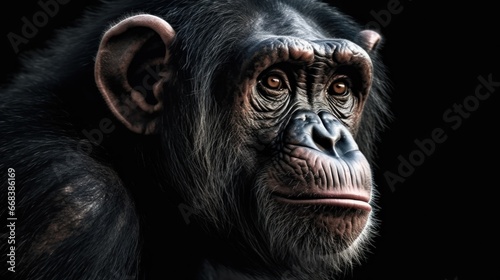 Chimpanzee portrait isolated on black background with clipping path. Wildlife concept with a copy space.