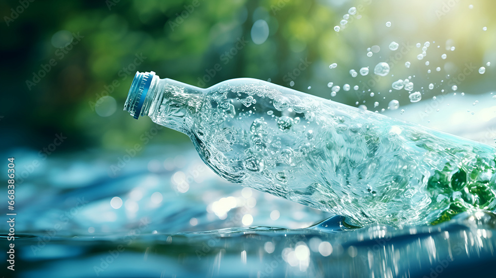 Mineral water. Falling glass bottle. A plastic bottle in the middle and flying splashes and drops of water around. Mineral water. Falling glass bottle. A plastic bottle in the middle and flying splashes and drops of water around.