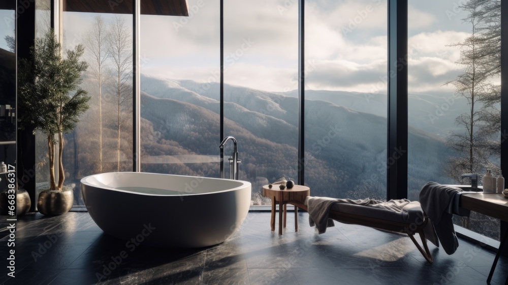 A bathroom with a large window overlooking a mountain range