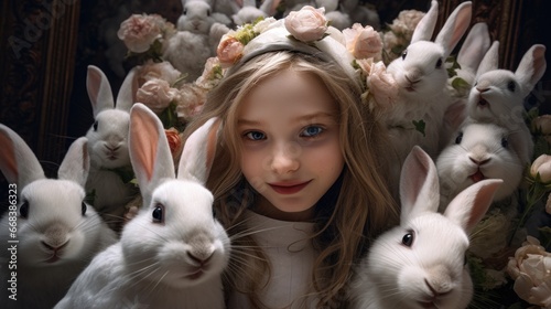 A young girl surrounded by rabbits in a field of flowers