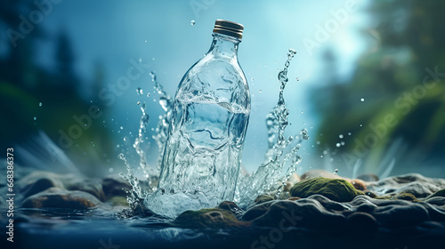 Mineral water. Falling glass bottle. A plastic bottle in the middle and flying splashes and drops of water around. photo