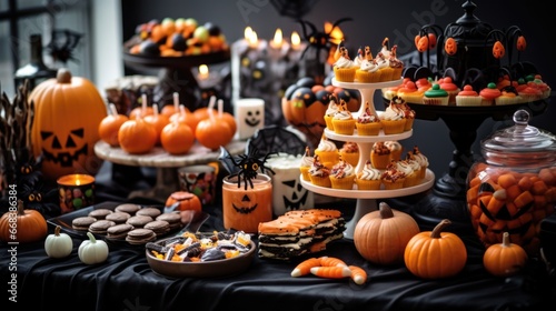 A table topped with lots of halloween treats
