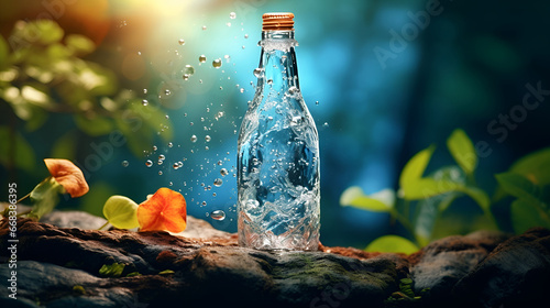 Mineral water. Falling glass bottle. A plastic bottle in the middle and flying splashes and drops of water around. photo