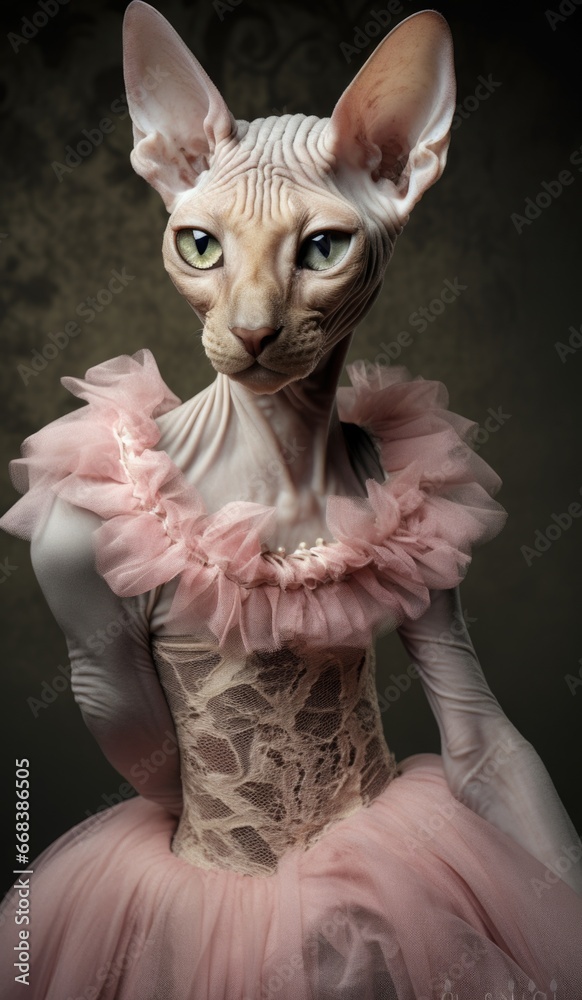 A cat wearing a pink dress and gloves