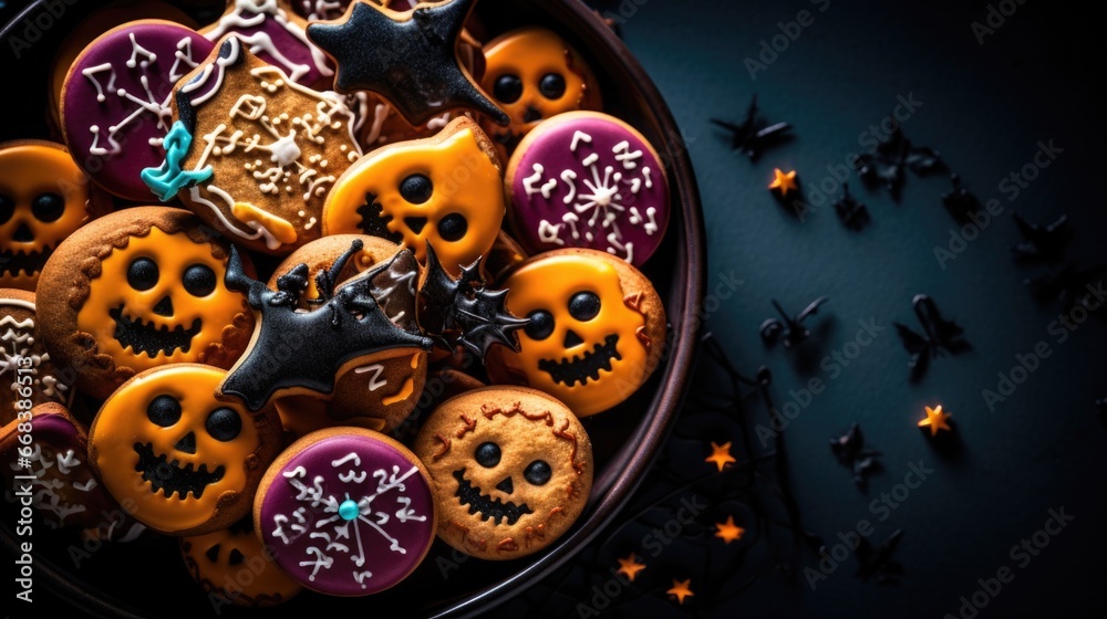A bowl filled with halloween cookies and spooky decorations