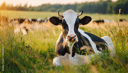 Vaca blanca con manchas negras sentada en un prado verde al atardecer, en un campo grande con pasto, animal de granja, hora dorada, mirando hacia la camara