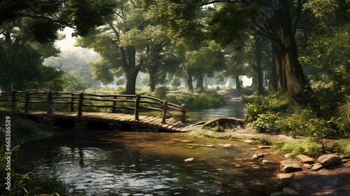 a tranquil riverbank with a rustic wooden bridge  its aged planks adding to the charm of the peaceful  scenic landscape