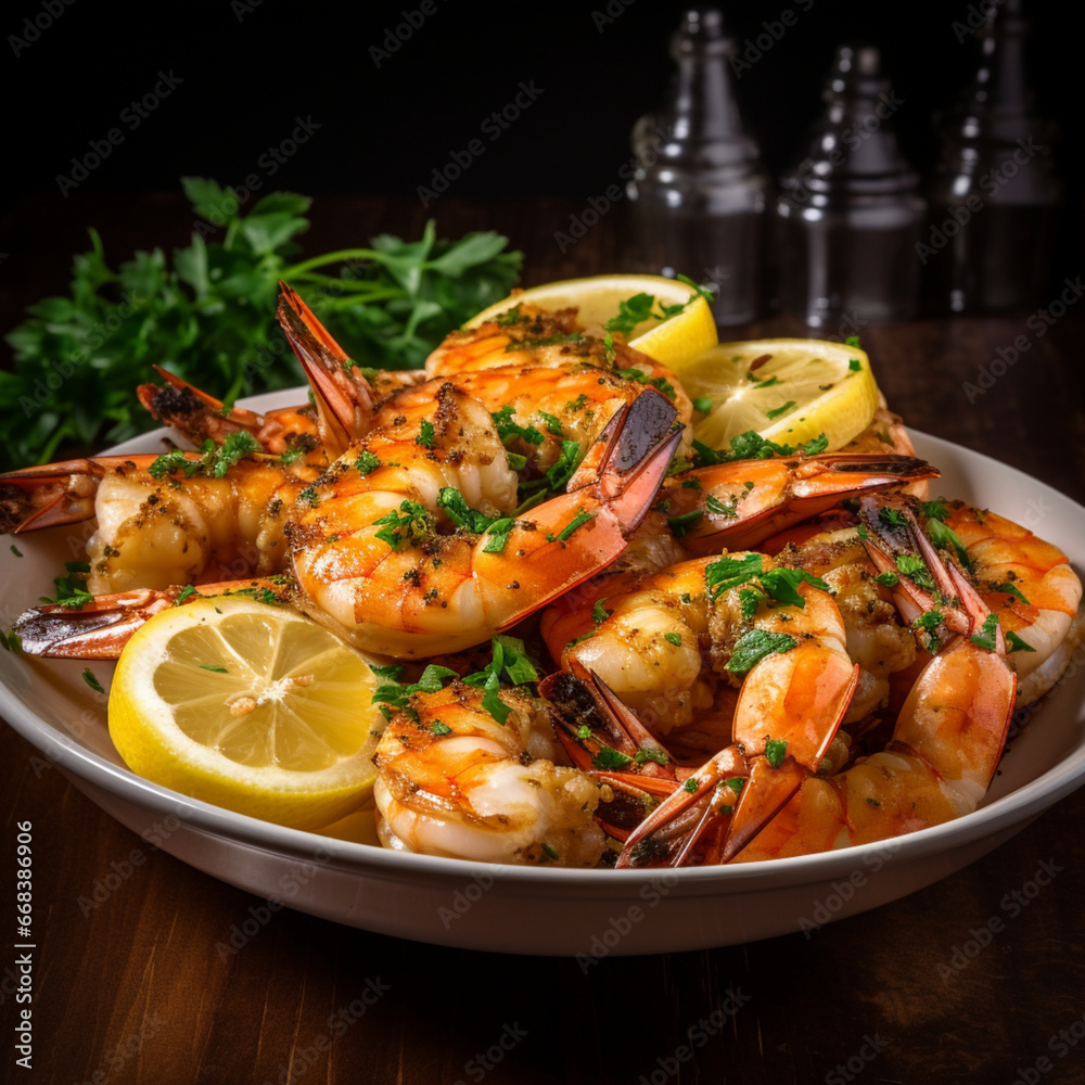 Fondo con detalle y textura de varias gambas a la parrila en un plato, con trozos de limon y especias Fondo con detalle y textura de varias gambas a la parrila en un plato, con trozos de limon y especias