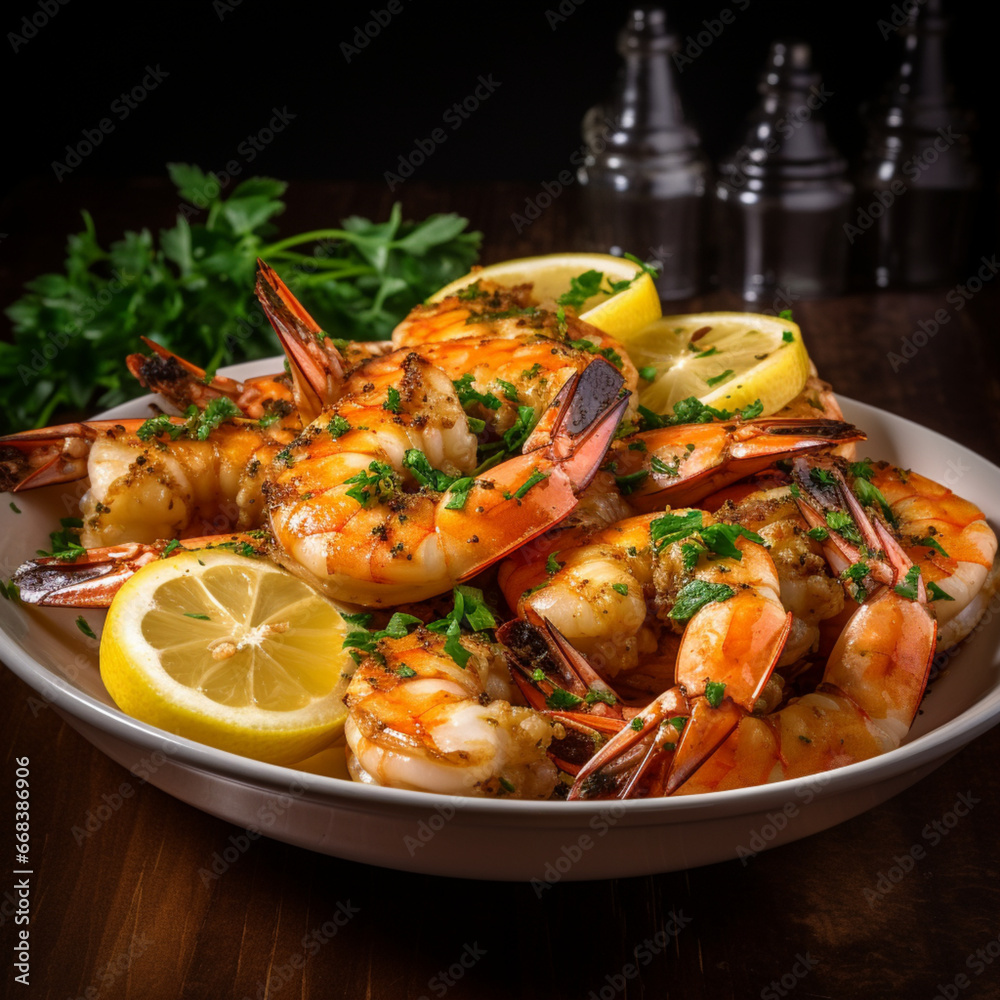 Fondo con detalle y textura de varias gambas a la parrila en un plato, con trozos de limon y especias