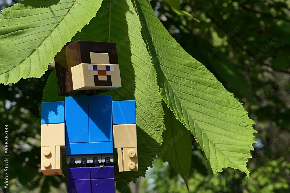 Naklejka premium LEGO Minecraft large figure of main character Steve standing under spring mature leaves of Horse chestnut tree, latin name Aesculus hippocastanum, sunlit by spring daylight sunshine.