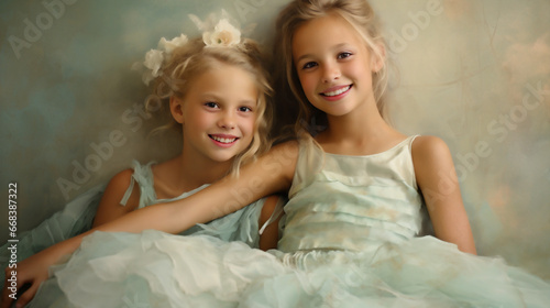 Candid portrait of two young smiling ballerinas taking a break from their dance lessons. 