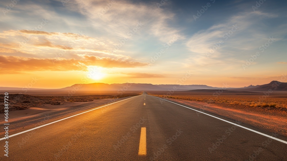 A vast and empty highway stretching to the horizon through an arid desert.