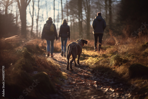 People and dog walking in the forest  photo