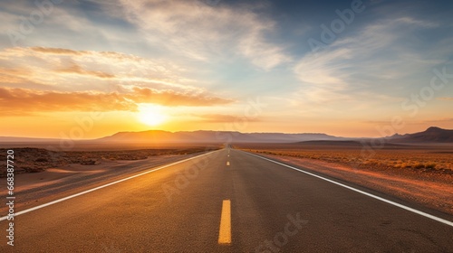 A vast and empty highway stretching to the horizon through an arid desert. © Shahzaib