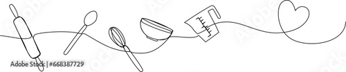Kitchen tools in continuous one line art style. Simple vector illustration