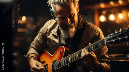 senior male guitarist playing acoustic guitar in studio.