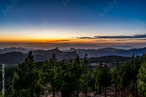 Beauty scenery with the Roque Nublo, the roque Bentayga and the island of Tenerife with the peak of Teide, from the summit of Gran Canaria