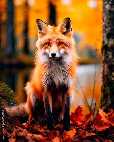 Lone fox in autumn forest