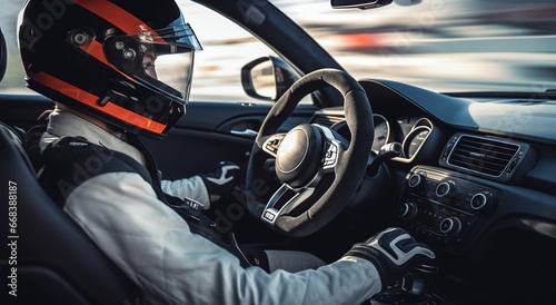Racer in Helmet Inside a Sport Car Cockpit. Generative ai © Scrudje