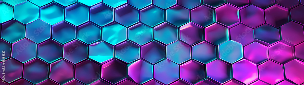 An ultra-wide holographic grid of translucent, shimmering hexagons in iridescent hues of turquoise and magenta generates a cutting-edge and immersive tech backdrop
