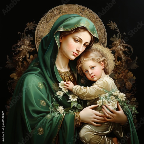 Bas-relief, image of the Virgin Mary holding baby Jesus. Ai generative