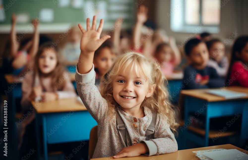 Eager Young Student Raising Hand in a Bright Classroom. Generative ai Eager Young Student Raising Hand in a Bright Classroom. Generative ai