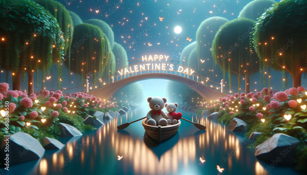 Two teddy bears rowing a boat on a serene lake, Happy Valentine's Day, fireflies background. Ai generative 