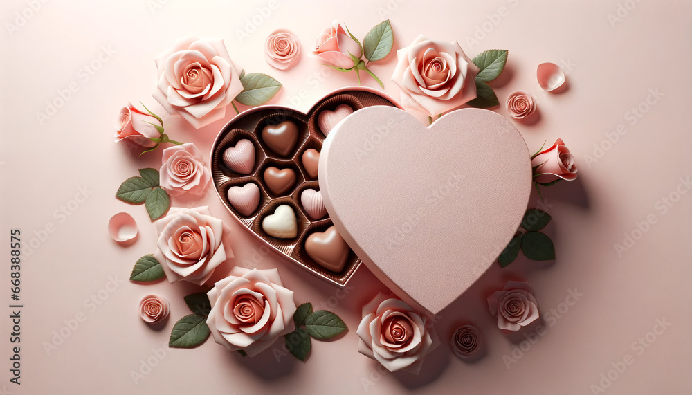 © CurioTime - Top-down view of chocolate box slightly to reveal the treats inside surrounded by delicate roses, significant blank space for ad. Ai generative