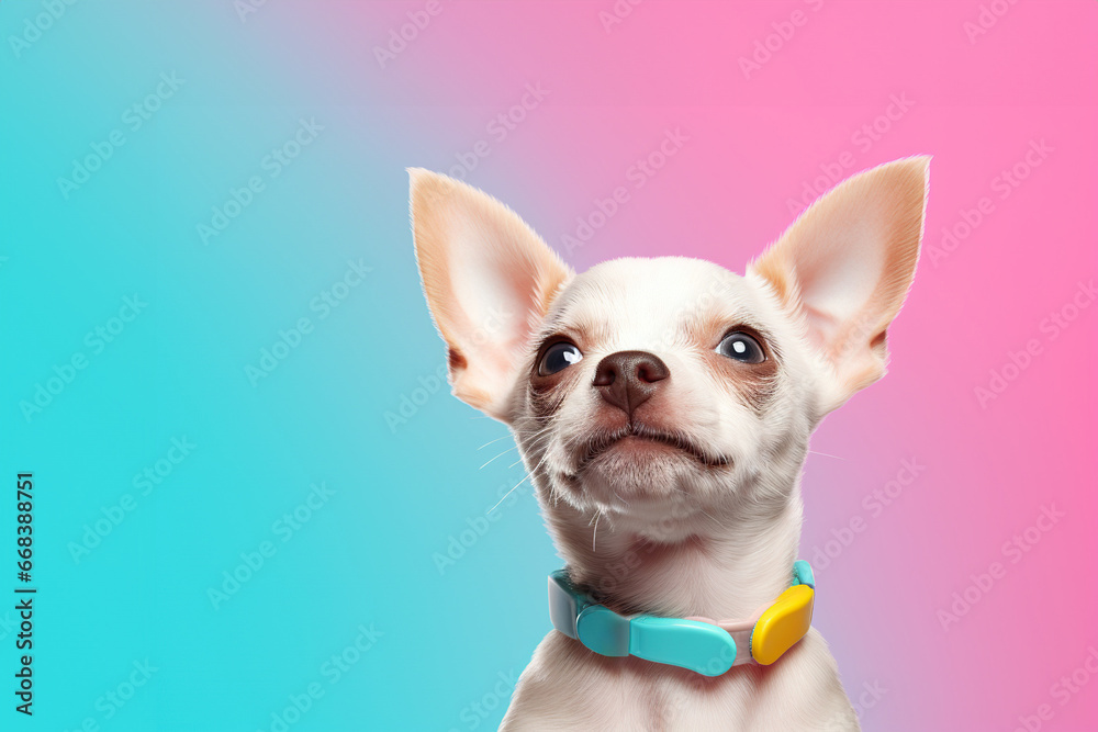 Chihuahua puppy gazing upwards with large bright eyes against a blue background.