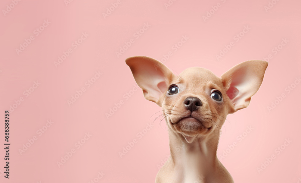 Curious tan puppy with oversized ears gazes upwards on a soft pink backdrop.