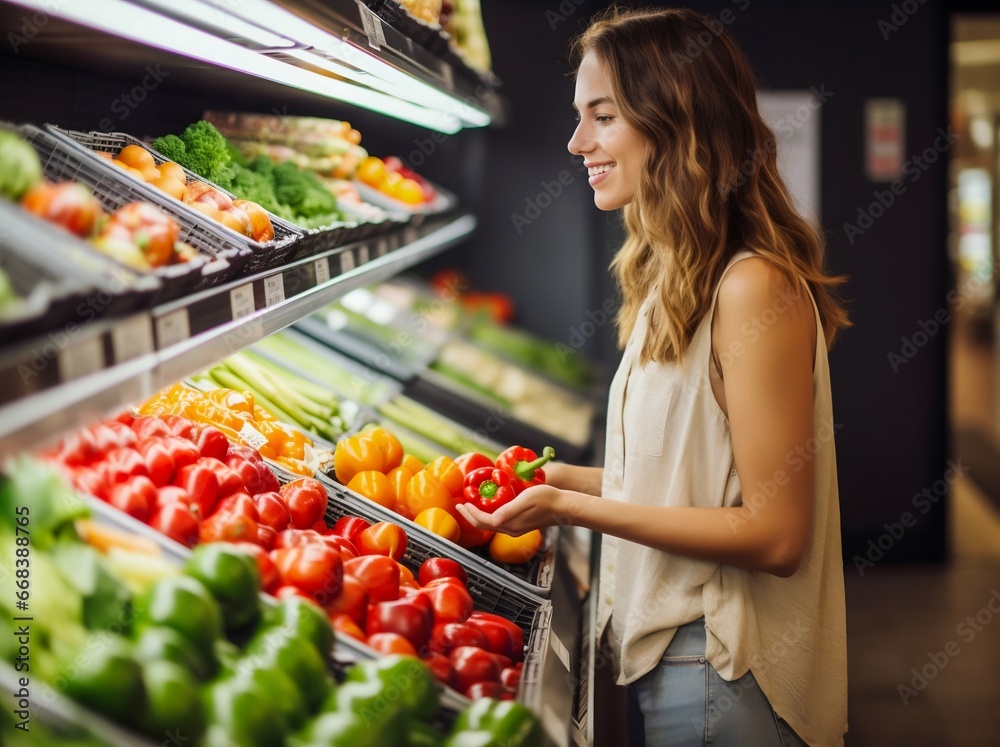 Young Woman Selecting Fresh Produce at Supermarket. Generative ai Young Woman Selecting Fresh Produce at Supermarket. Generative ai