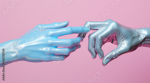 Ethereal touch between shimmering futuristic hands on a pop-colored background.
