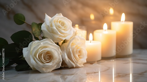 Serene arrangement of white roses and lit candles  setting a romantic ambiance.