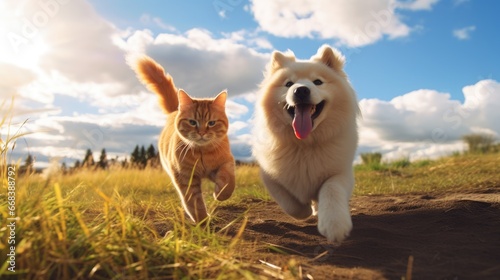 Adorable furry animal duo running happily. Cute Orange shorthair cat and Samoyed dog trotting toward camera. Abstract canine and feline joy. Homeward bound. photo