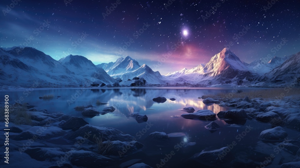 Northern lights over clear winter lake. Glowing colorful skies. Alpine glacier. Starry night panorama landscape. Snowy mountains. Galaxy of stars.